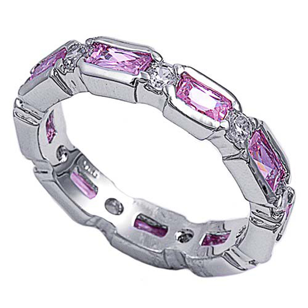 Double Accent Rhodium Plated Sterling Silver Wedding & Engagement Ring Pink CZ Eternity Ring MM ( Size 6 to 10)