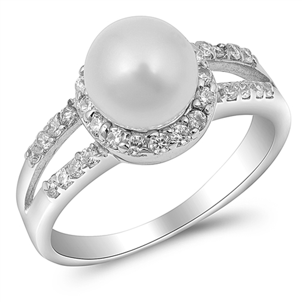 Double Accent Rhodium Plated Sterling Silver Wedding & Engagement Ring Clear CZ, Pearl Pearl Ring MM ( Size 5 to 9)