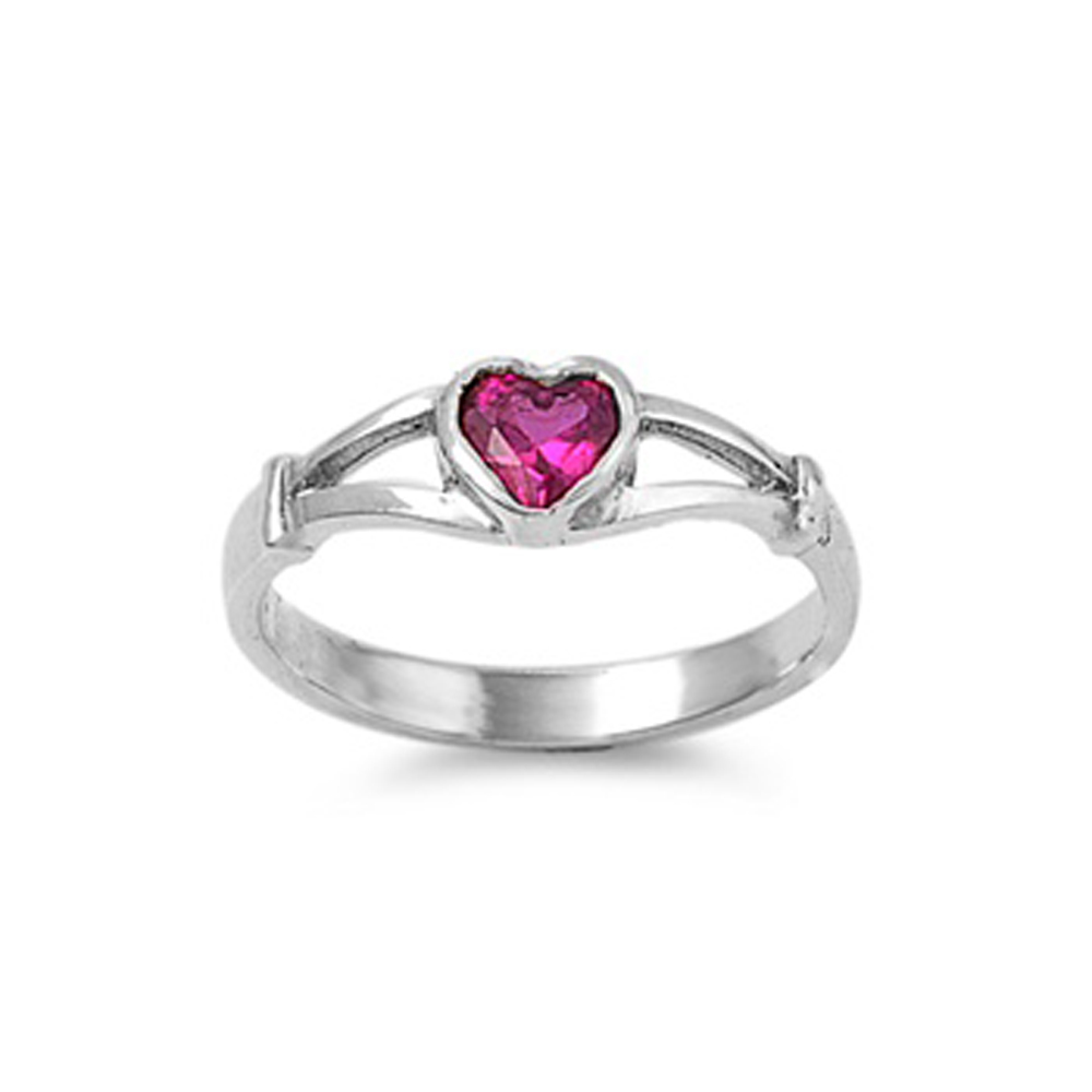 Double Accent Rhodium Plated Dazzling Sterling Silver Baby Ring Ruby CZ Heart Ring 5MM ( Size 1 to 5 )