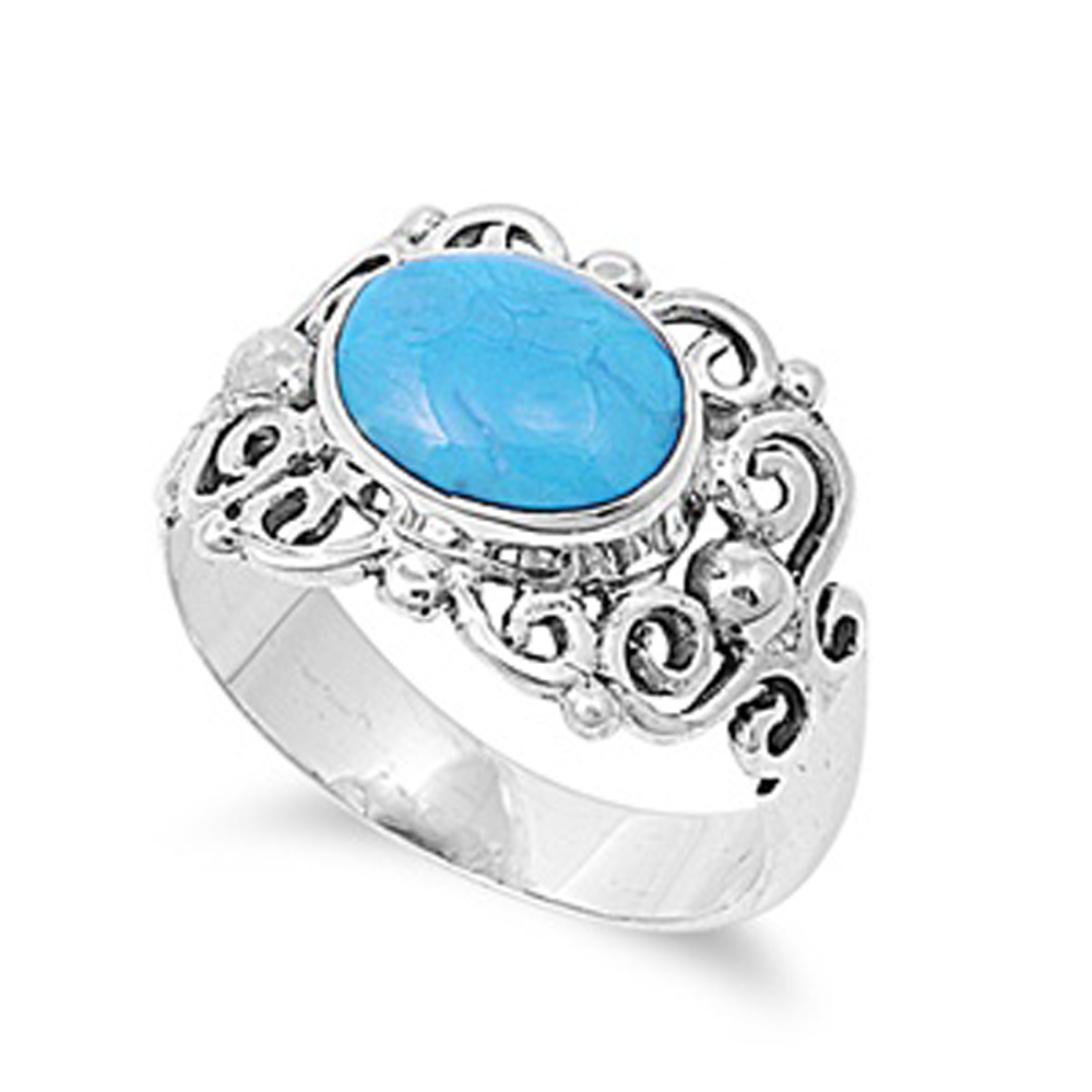 Double Accent Rhodium Plated Sterling Silver Wedding & Engagement Ring Turquoise Bezel Set Ring 13MM ( Size 6 to 9)