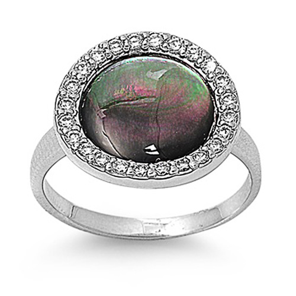 Double Accent Rhodium Plated Sterling Silver Wedding & Engagement Ring Abalone, Clear CZ Ladies Ring 16MM ( Size 6 to 10)