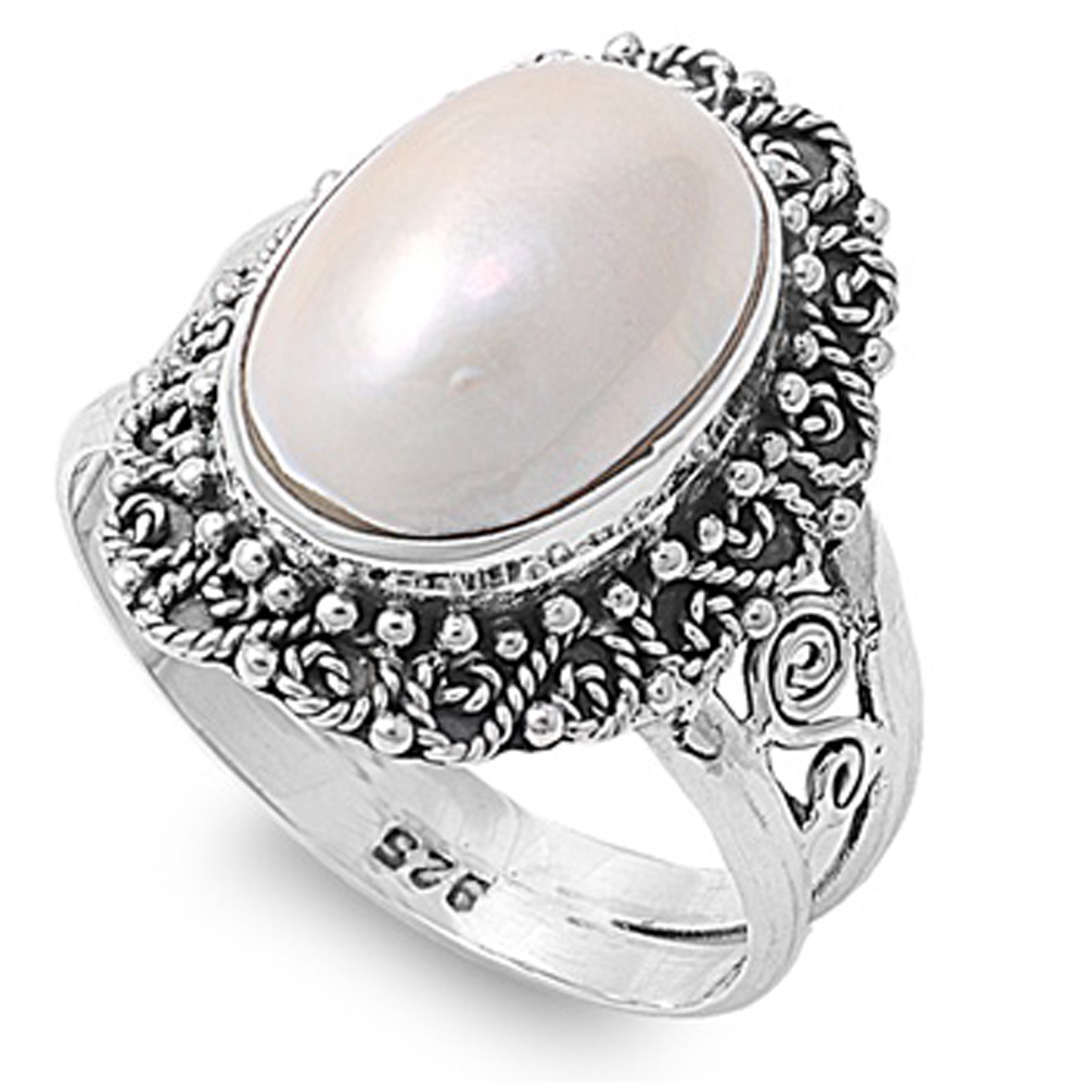 Double Accent Rhodium Plated Sterling Silver Wedding & Engagement Ring Mabe Pearl Pearl ring 20MM ( Size 7 to 9)