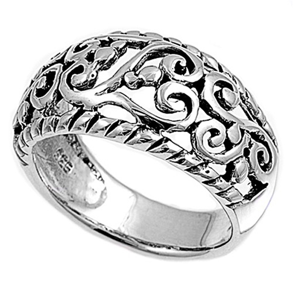 Double Accent Rhodium Plated Sterling Silver Wedding & Engagement Ring  Filigree Ring 11MM ( Size 6 to 10)