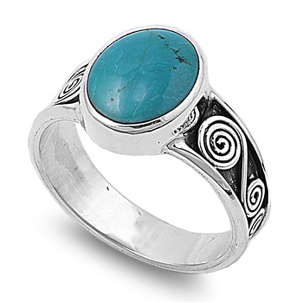Double Accent Rhodium Plated Sterling Silver Wedding & Engagement Ring Turquoise  Ladies Ring 12MM ( Size 6 to 9)
