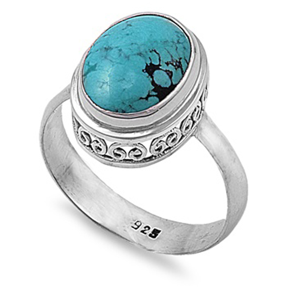 Double Accent Rhodium Plated Sterling Silver Wedding & Engagement Ring Turquoise  Ladies Ring 15MM ( Size 6 to 9)