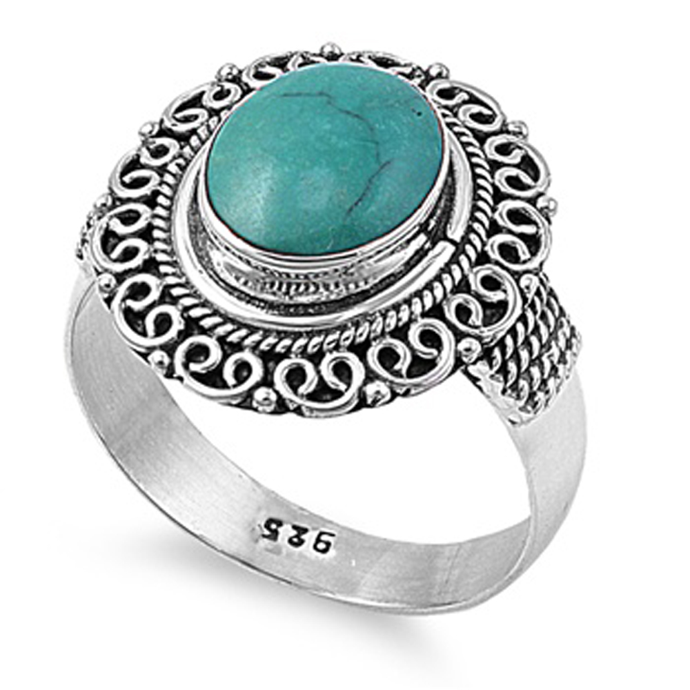 Double Accent Rhodium Plated Sterling Silver Wedding & Engagement Ring Turquoise  Ladies Ring 14MM ( Size 6 to 9)