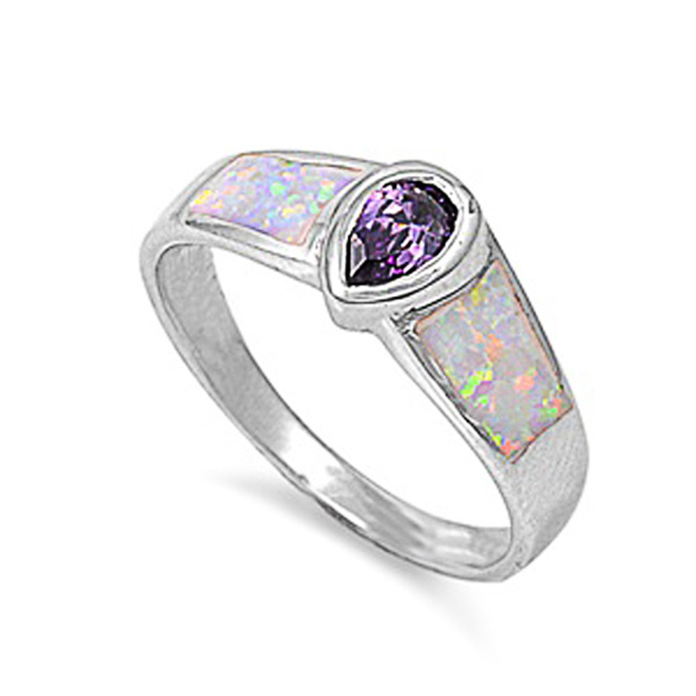 Double Accent Rhodium Plated Sterling Silver Wedding & Engagement Ring Amethyst, White Opal Ladies Ring 8MM ( Size 5 to 10)