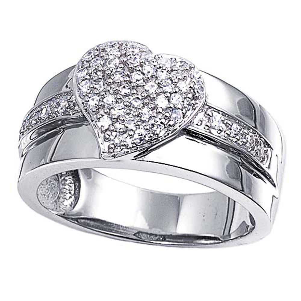 Double Accent Rhodium Plated Sterling Silver Wedding & Engagement Ring Clear CZ Heart Ring MM ( Size 6 to 10)