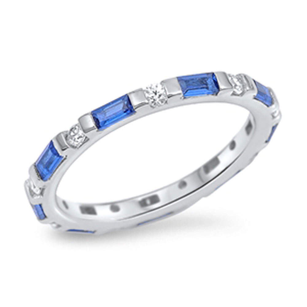 Double Accent Rhodium Plated Sterling Silver Wedding & Engagement Ring Blue Sapphire, Clear CZ  Eternity Band 3MM ( Size 5 to 8) Size 5