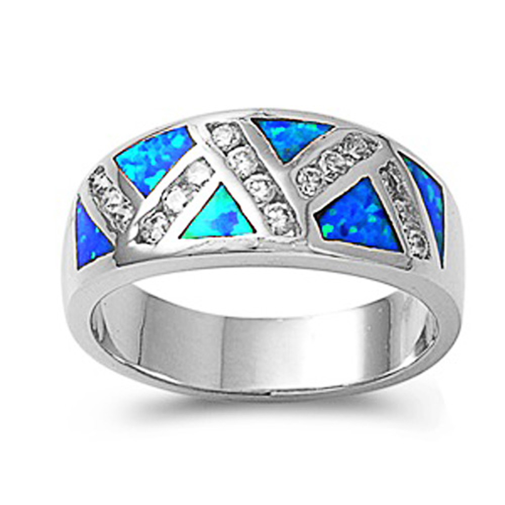 Double Accent Rhodium Plated Sterling Silver Wedding & Engagement Ring Blue Opal, Clear CZ  Ladies Band 9MM ( Size 5 to 9)