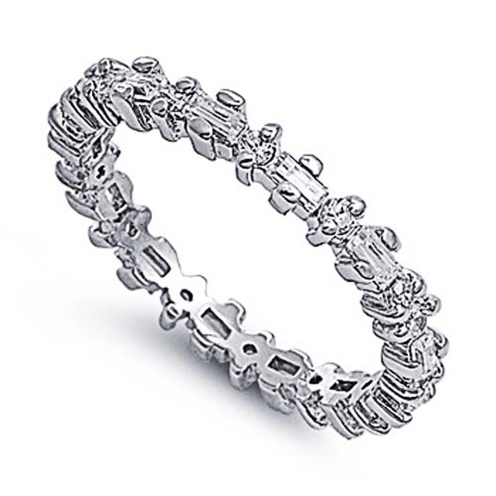 Double Accent Rhodium Plated Sterling Silver Wedding & Engagement Ring Clear CZ Eternity Ring 3MM ( Size 5 to 10)