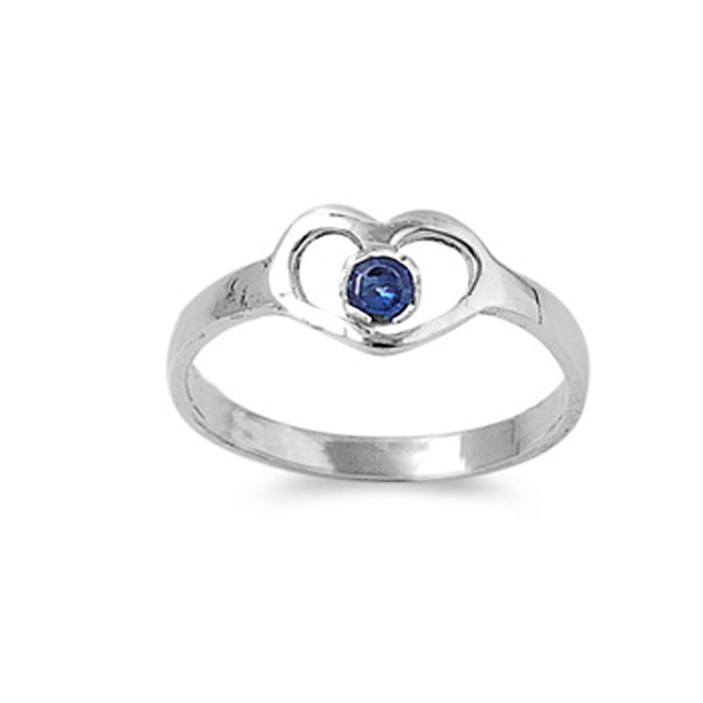 Double Accent Rhodium Plated Dazzling Sterling Silver Baby Ring Blue Sapphire CZ Heart Ring 7MM ( Size 1 to 5 )