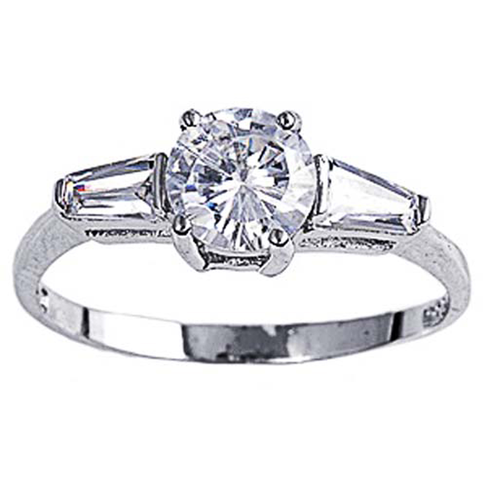 Double Accent Rhodium Plated Sterling Silver Wedding & Engagement Ring Clear CZ 3 Stones Ring MM ( Size 5 to 9)