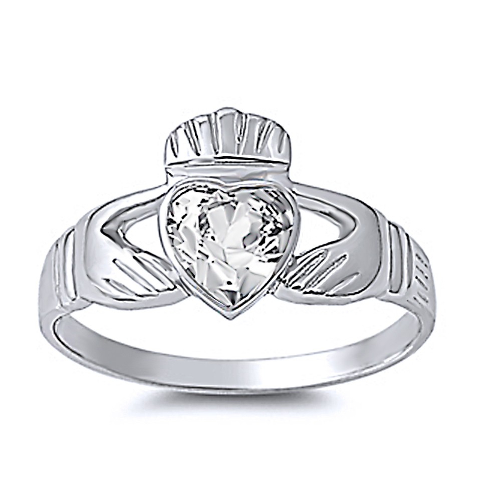 Double Accent Rhodium Plated Sterling Silver Wedding & Engagement Ring Clear CZ Claddagh Ring 12MM ( Size 4 to 10)