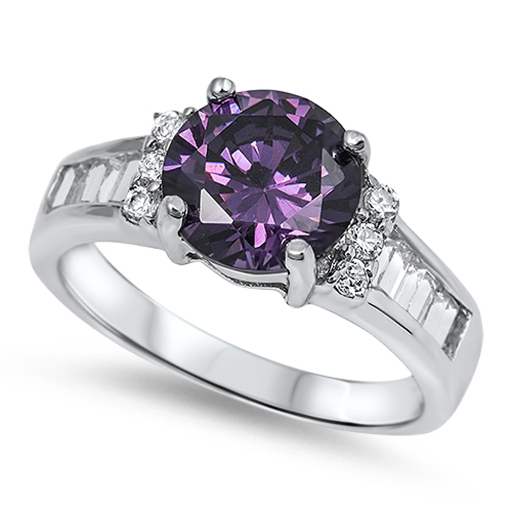 Double Accent Rhodium Plated Sterling Silver Wedding & Engagement Ring Clear CZ, Amethyst Ladies Ring 9MM ( Size 5 to 8)