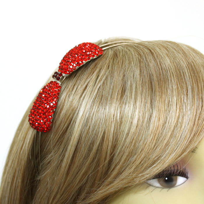 DoubleAccent Hair Jewelry Wire Headband with Crystal Bow Red Color