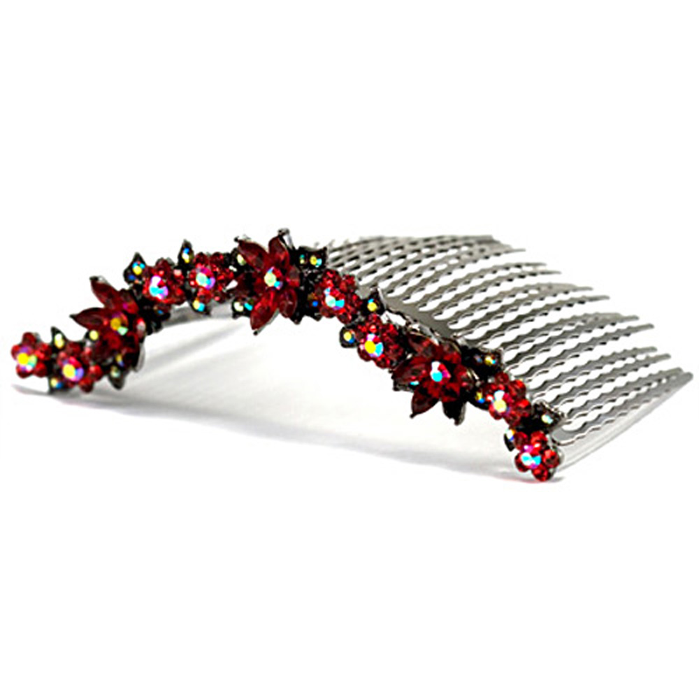 DoubleAccent Hair Jewelry Large Swarovski Crystal Hair Comb with Frosted Flowers Red Color