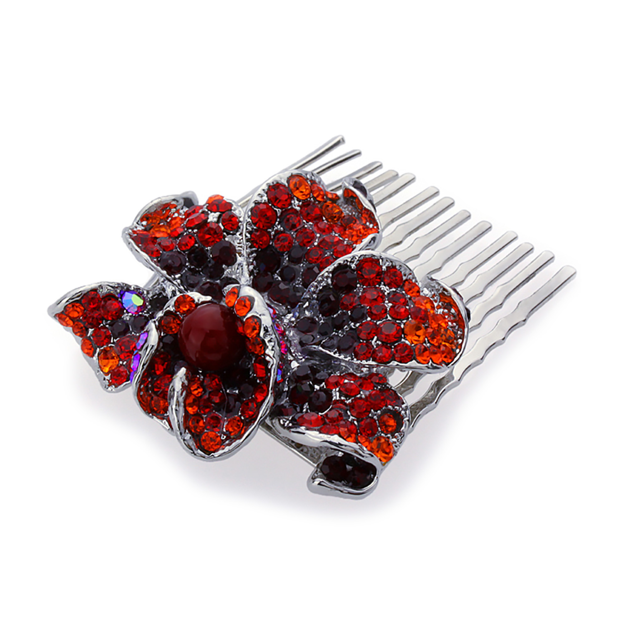 DoubleAccent Hair Jewelry Elaborate Swarovski Crystal Flower Comb Red Color