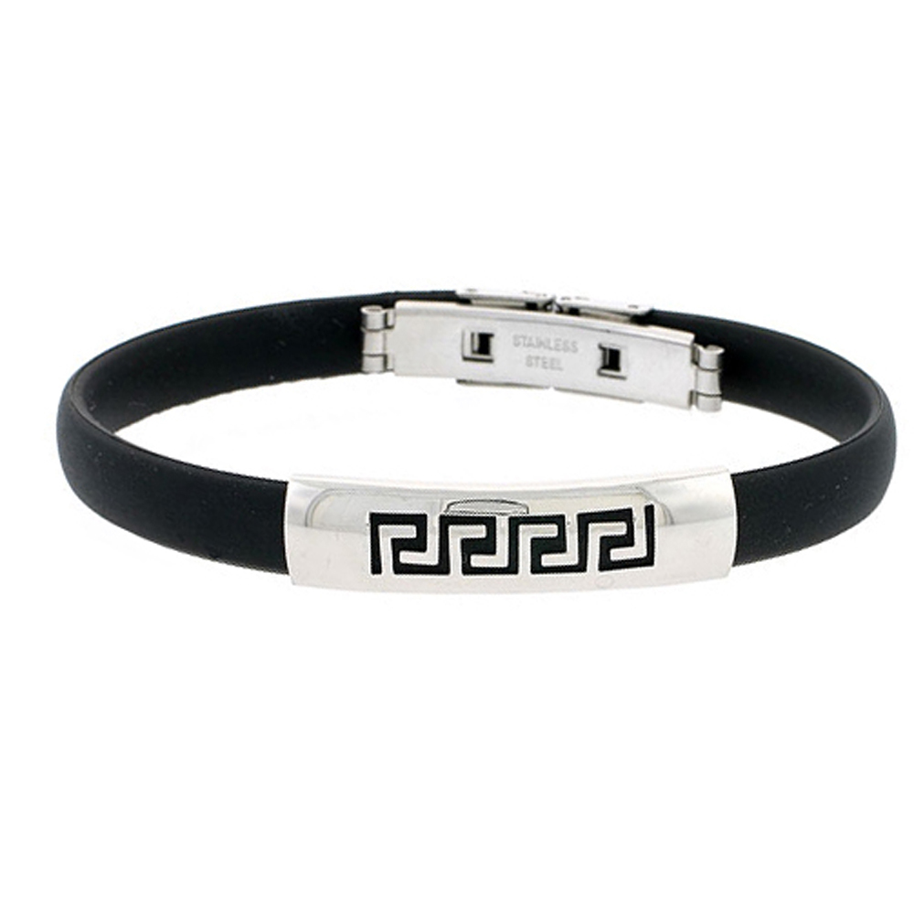 DoubleAccent 9MM Stainless Surgical Steel Rubber Band Greek Key  Bracelet 8 Inches