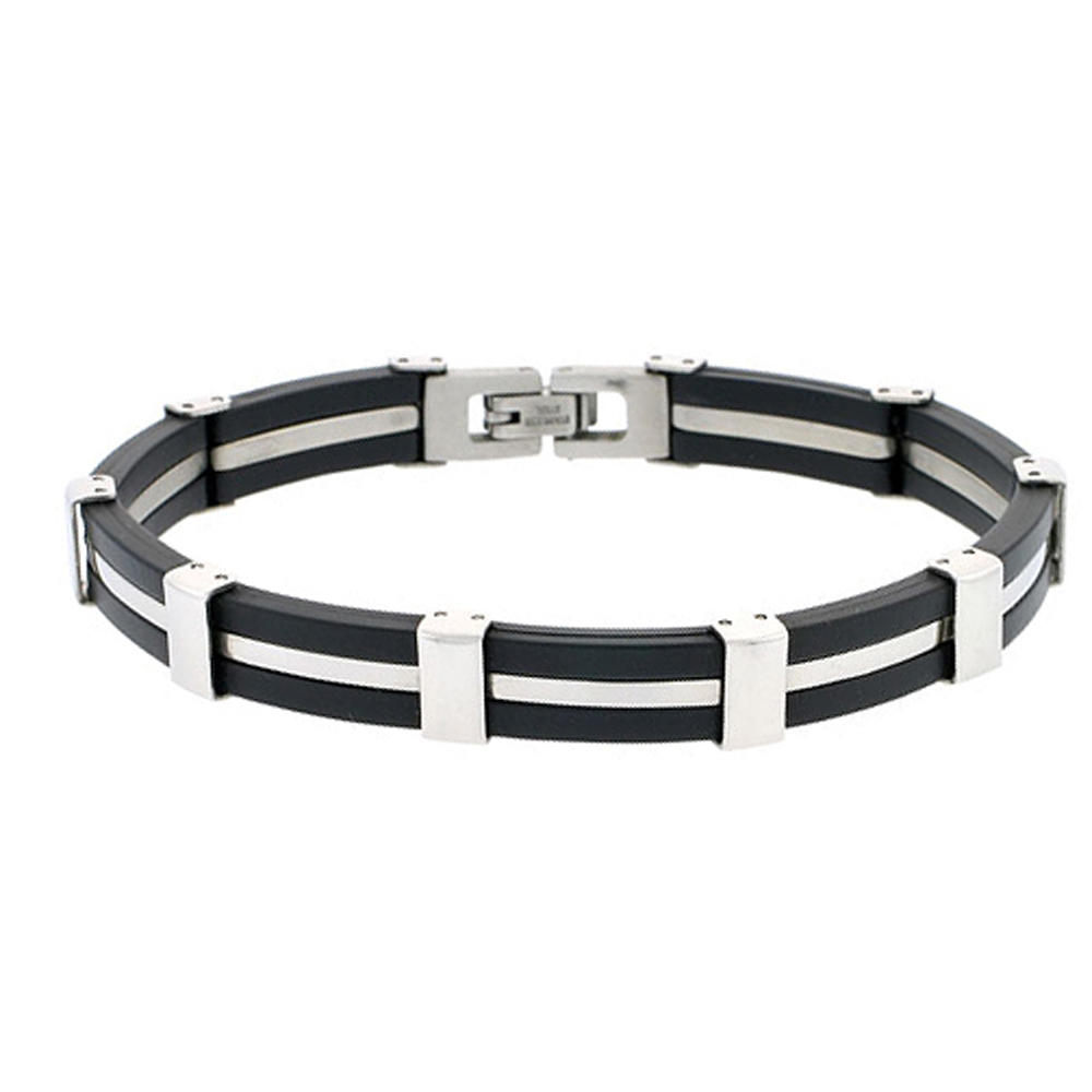 DoubleAccent 9MM Stainless Surgical Steel Rubber Band  Bracelet 8 Inches