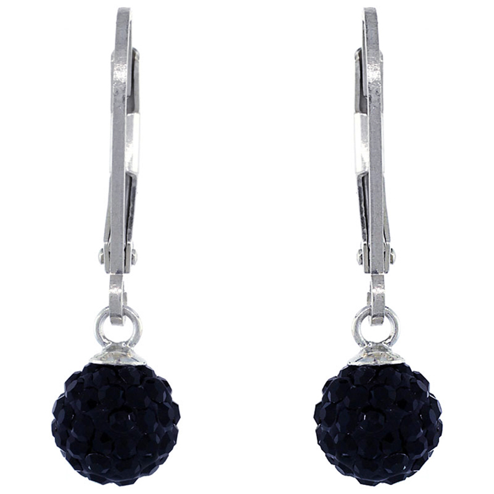DoubleAccent 6mm Sterling Silver 6mm Round Black Disco Crystal Ball Lever Back Earrings 1 inch Long For Children & Women