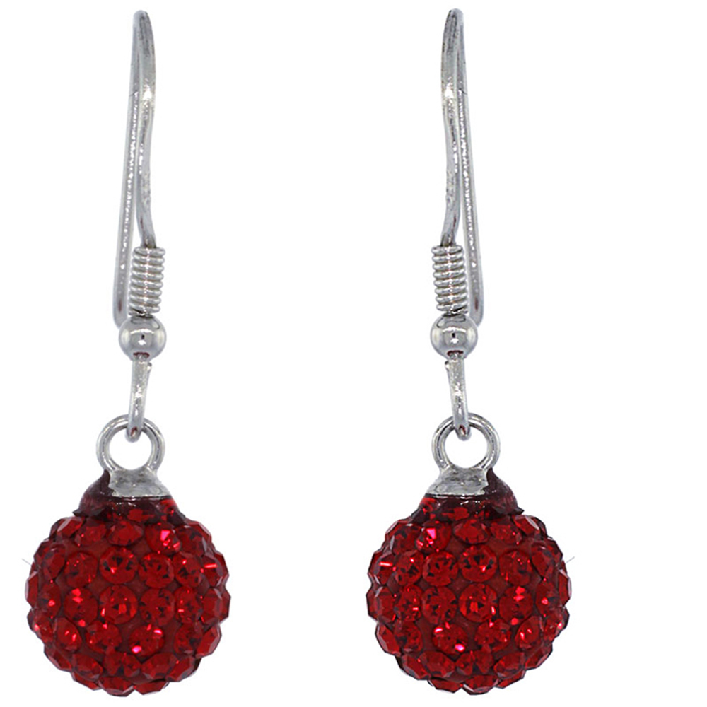 DoubleAccent 8mm Sterling Silver Round Red Disco Crystal Ball Fish Hook Earrings 1.25 inch Long For Children & Women