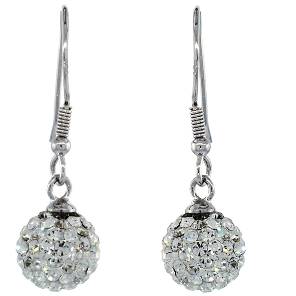 DoubleAccent 8mm Sterling Silver Round White Disco Crystal Ball Fish Hook Earrings 1.25 inch Long For Children & Women