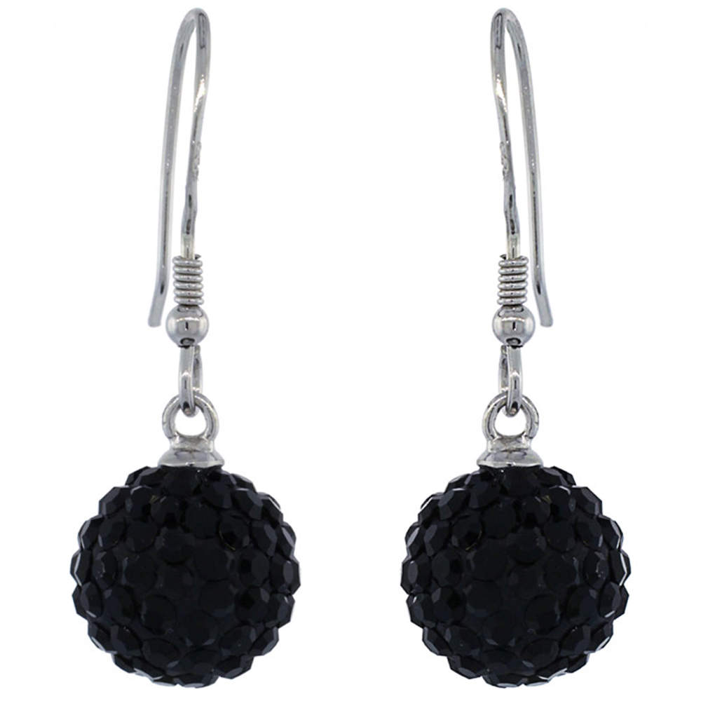 DoubleAccent 10mm Sterling Silver Round Black Disco Crystal Ball Fish Hook Earrings 1.25 inch Long For Children & Women