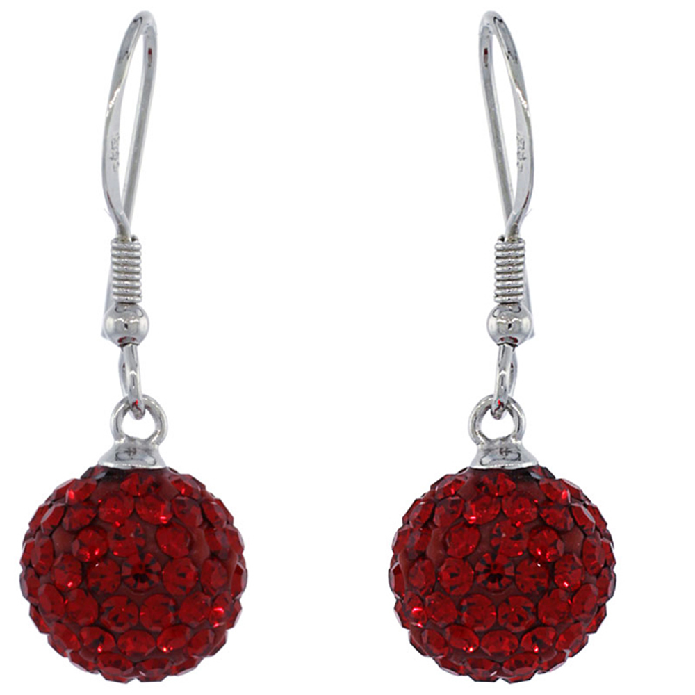 DoubleAccent 10mm Sterling Silver Round Red Disco Crystal Ball Fish Hook Earrings 1.25 inch Long For Children & Women