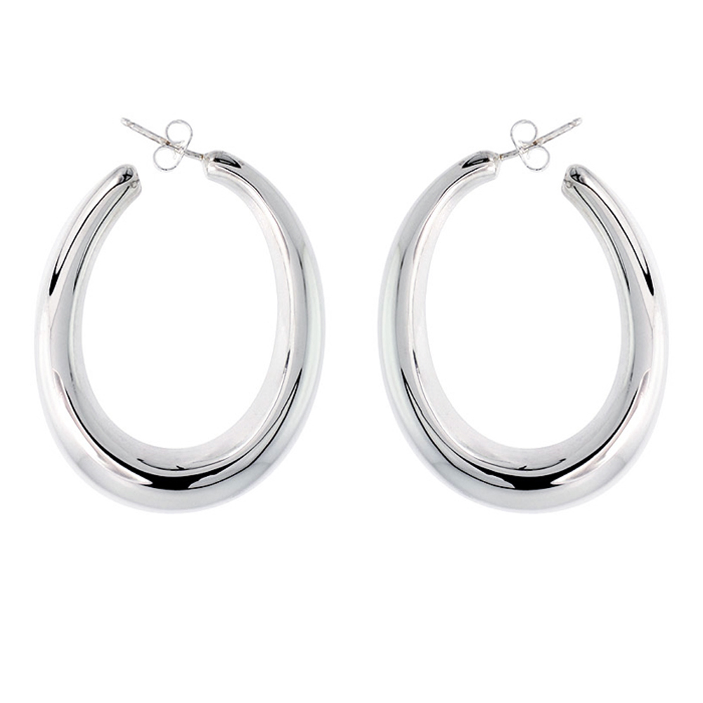 DoubleAccent High Polished Large Hollow Oval-shaped Earrings in Sterling Silver 2.1 inch Long For Women