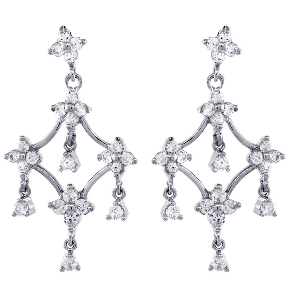 DoubleAccent Sterling Silver Floral Dangle Chandelier Earrings with Brilliant Cut CZ Stones 1.25 inch Long For Women