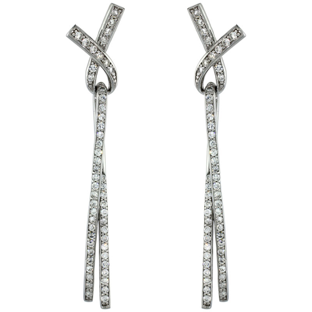 DoubleAccent Sterling Silver Ribbon Knot Lace Dangle Earrings with Brilliant Cut CZ Stones 2.2 inch Long For Women