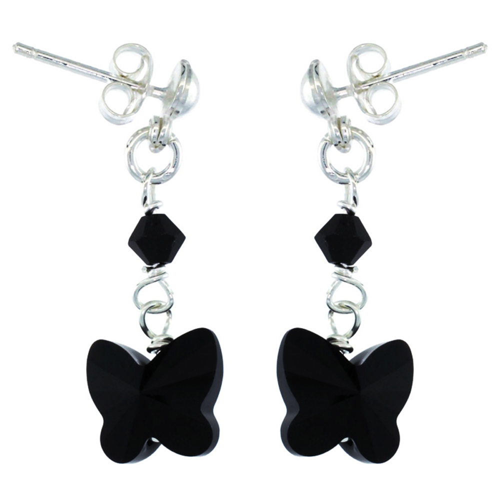 DoubleAccent Sterling Silver Butterfly Black Swarovski Crystals Dangle Earrings 1.1 inch Long For Women