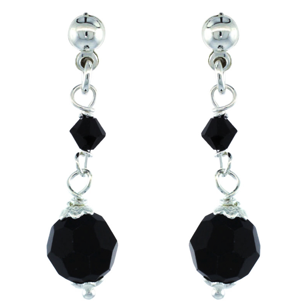DoubleAccent Sterling Silver Black Swarovski Crystals Drop Earrings 1.25 inch Long For Women