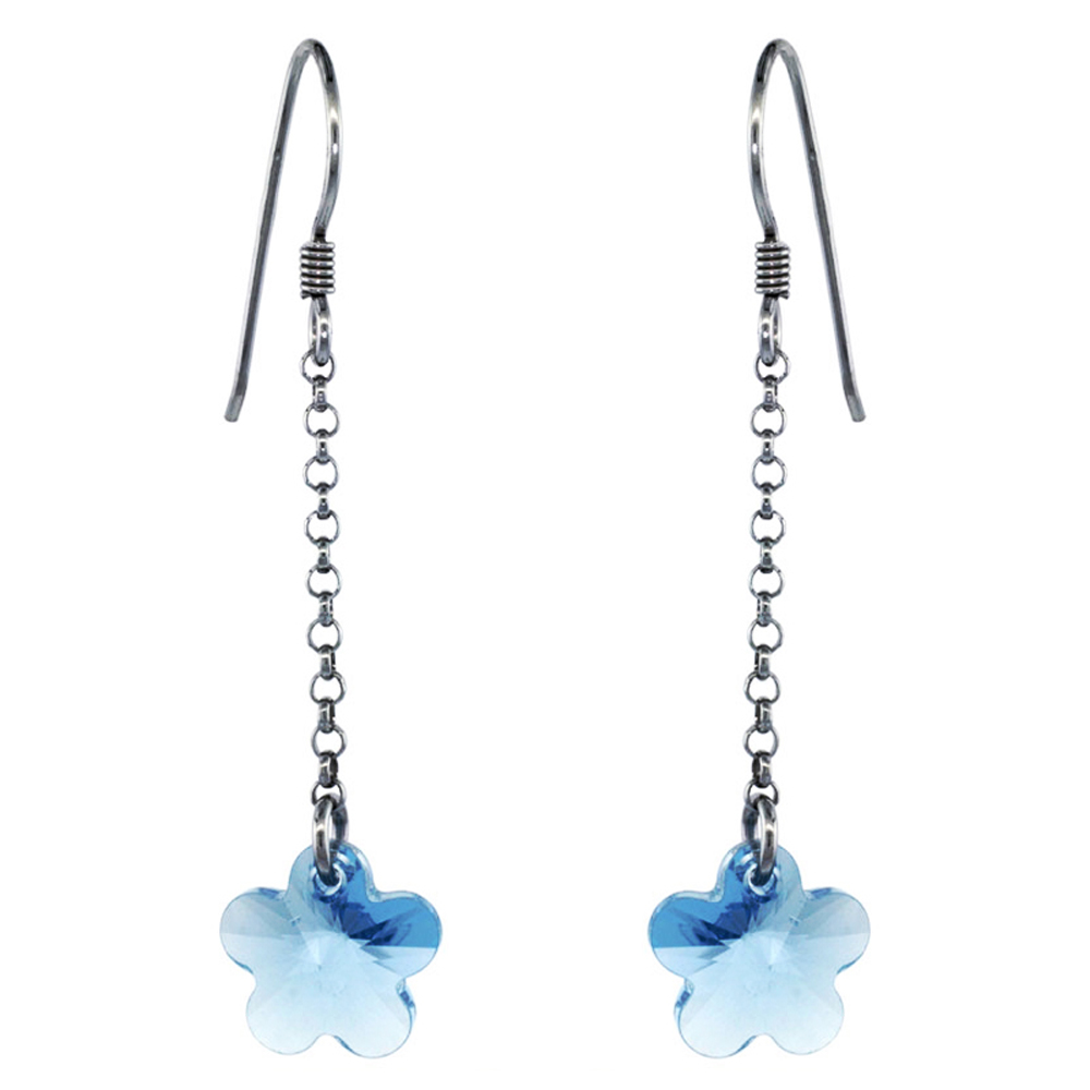 DoubleAccent Sterling Silver Flower Blue Topaz Swarovski Crystals Drop Earrings 2.1 inch Long For Women