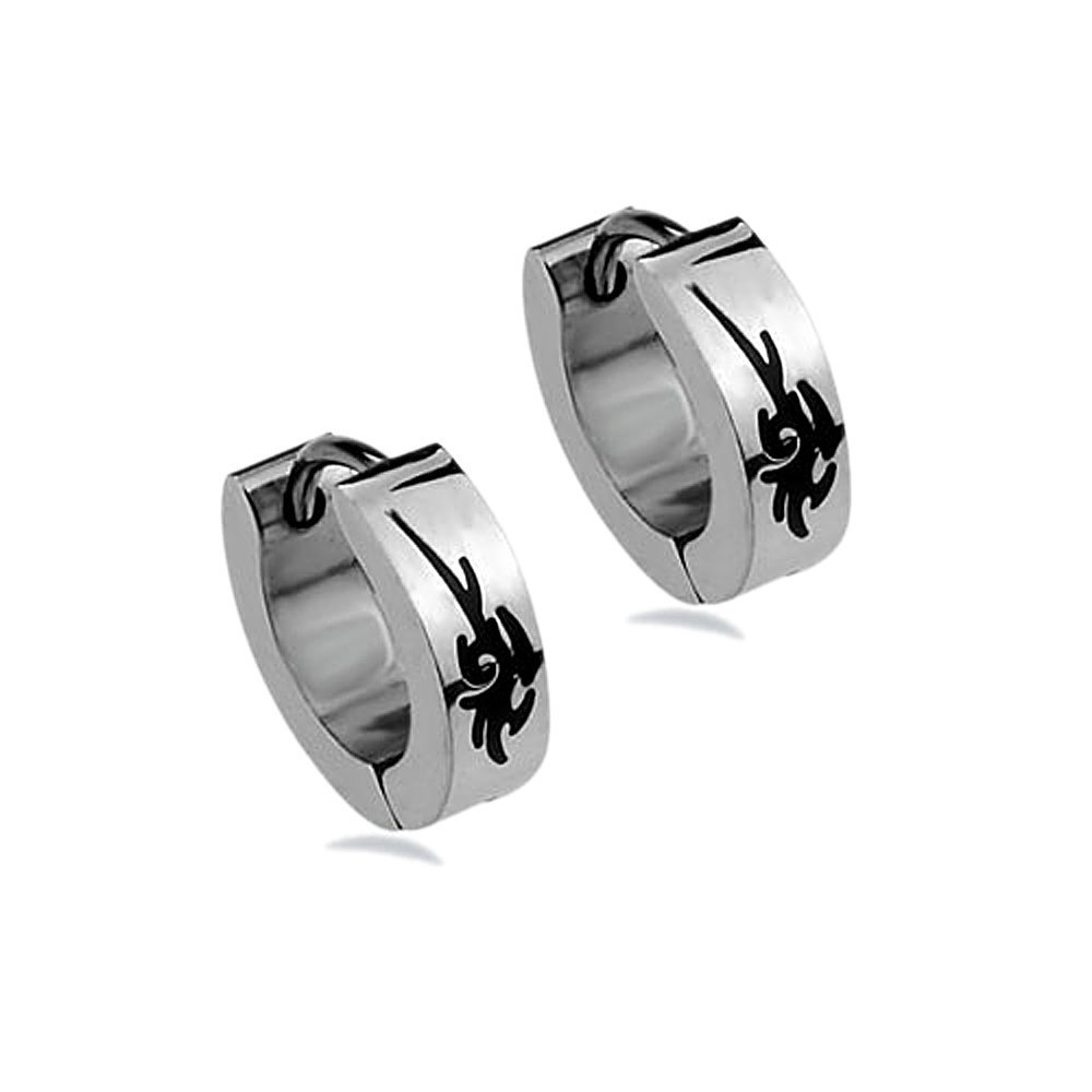 DoubleAccent 316L Surgical Stainless Steel 4mm X 11mm Black Tribal Design On Sliver Polished Huggie Hoop Earrings For Unisex