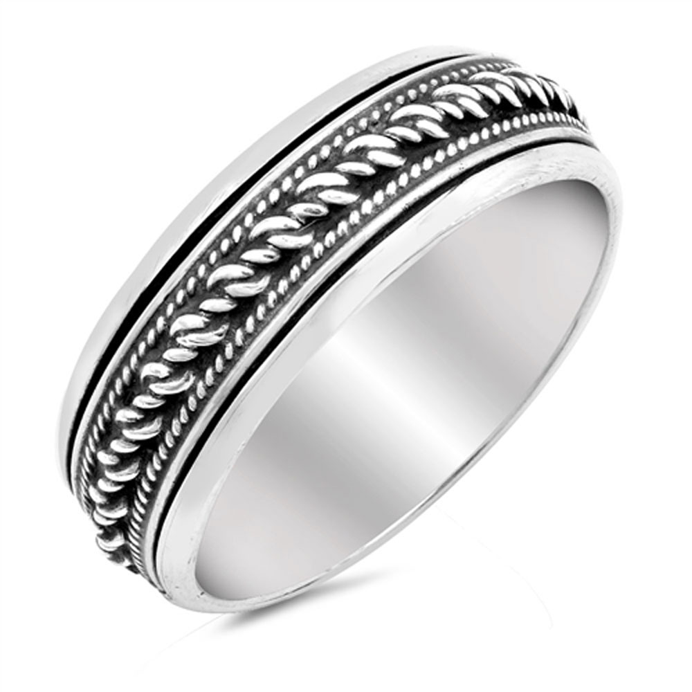 Double Accent Sterling Silver Oxidize Finish Bali Spinner Ring ( Size 7 to 13)