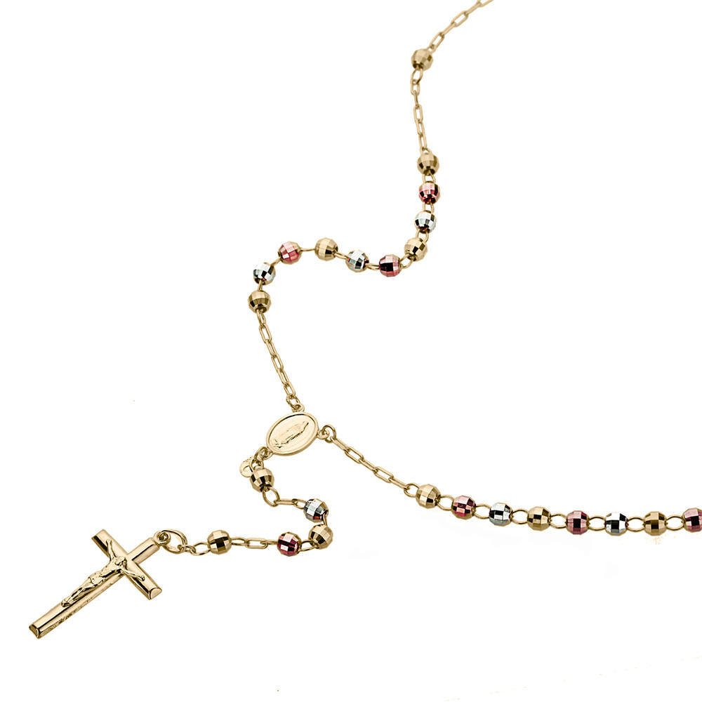 DoubleAccent 14K Tri-color Gold Chain Cross Necklace DC Bead Rosary Necklace (16, 18, 20, 24, 26")