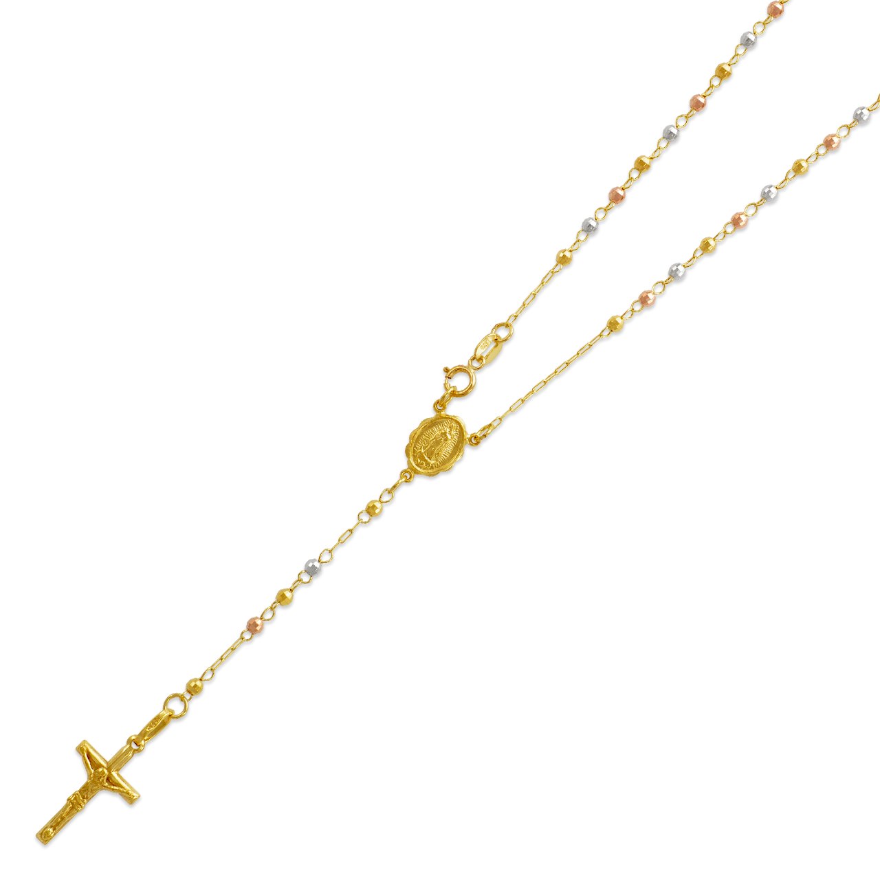 DoubleAccent 14K Tri-color Gold Chain Cross Necklace DC Bead Rosary Necklace (16, 18, 20, 24, 26")