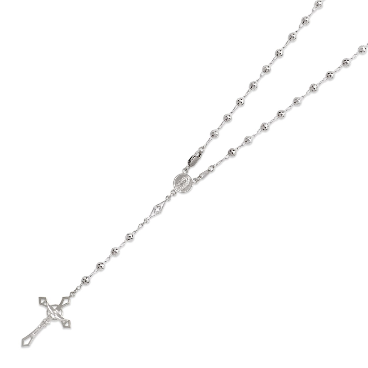 DoubleAccent 14K White Gold Chain Cross 4mm Perforated Bead Rosary Chain Necklace (24 Inches)