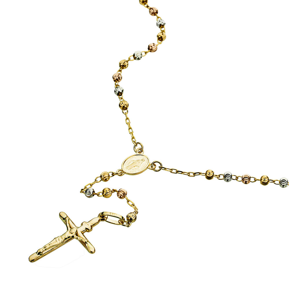 DoubleAccent 14K Tri-color Gold Rosary Necklace Moon Cut DC Bead Rosary Chain Necklace (16, 18, 20, 24 Inches)