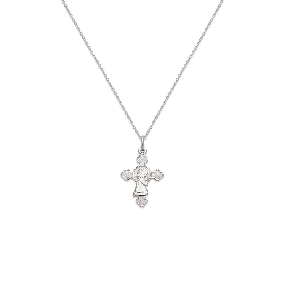 DoubleAccent 14K White Gold Charm Communion Girl Cross Pendant Necklace (14, 15, 16, 18, 20)