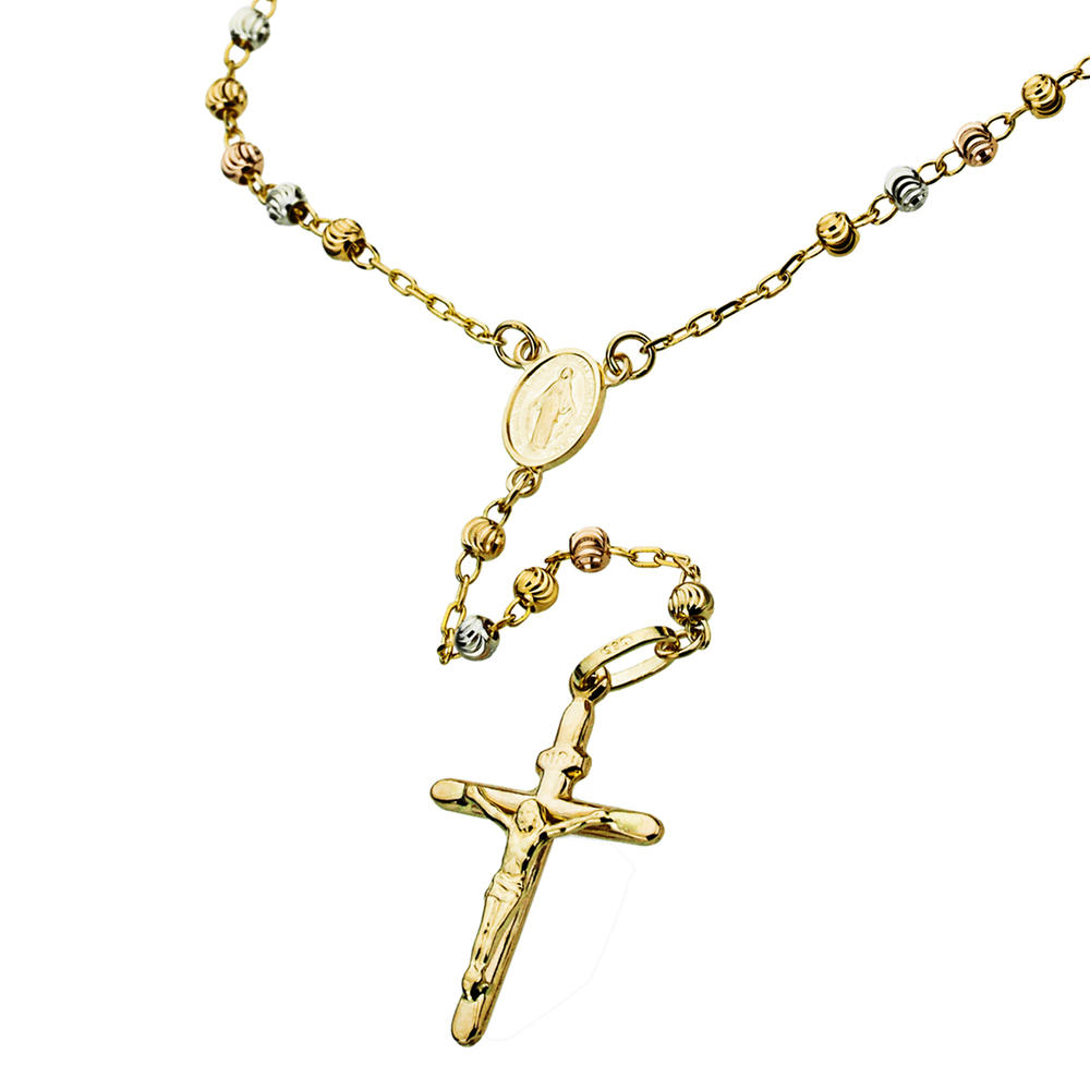 DoubleAccent 14K Tri-color Gold Rosary Necklace 5mm Moon Cut DC Bead Rosary Chain Necklace (26 Inches)