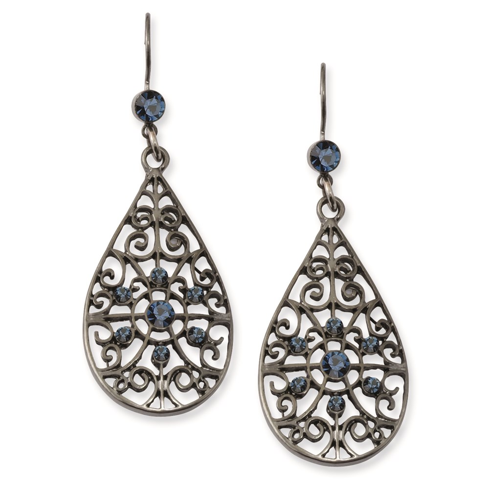 JewelryPot Black-plated Dark Blue Crystal Teardrop Dangle Earrings