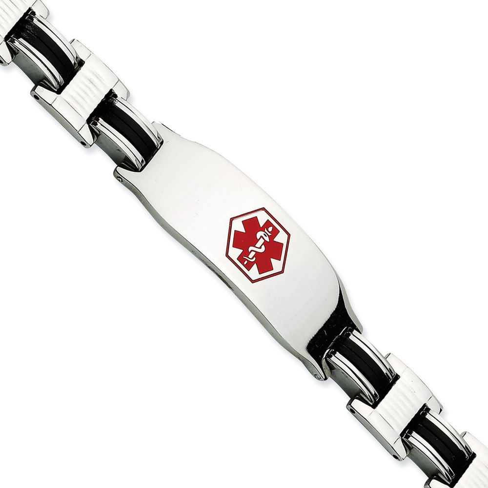 JewelryPot Stainless Steel Engravable Black Rubber Red Enamel 8in Medical Bracelet