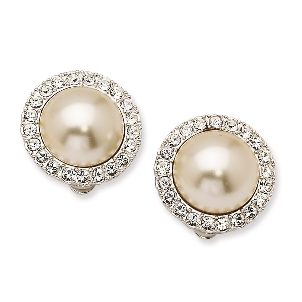 JewelryPot Simulated 15mm Pearl & Swarovski Crystal Clip Earrings