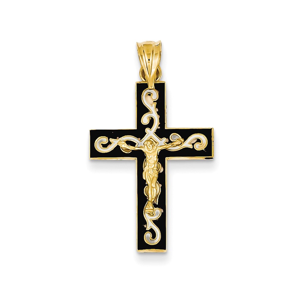 JewelryPot 14k Yellow Gold & Rhodium Plated Enameled Crucifix Pendant