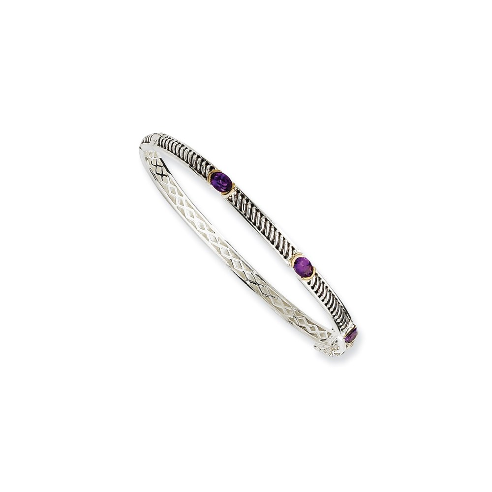 JewelryPot Sterling Silver 8in with 14k Yellow Gold 1.26 Synthetic Amethyst Bangle Bracelet