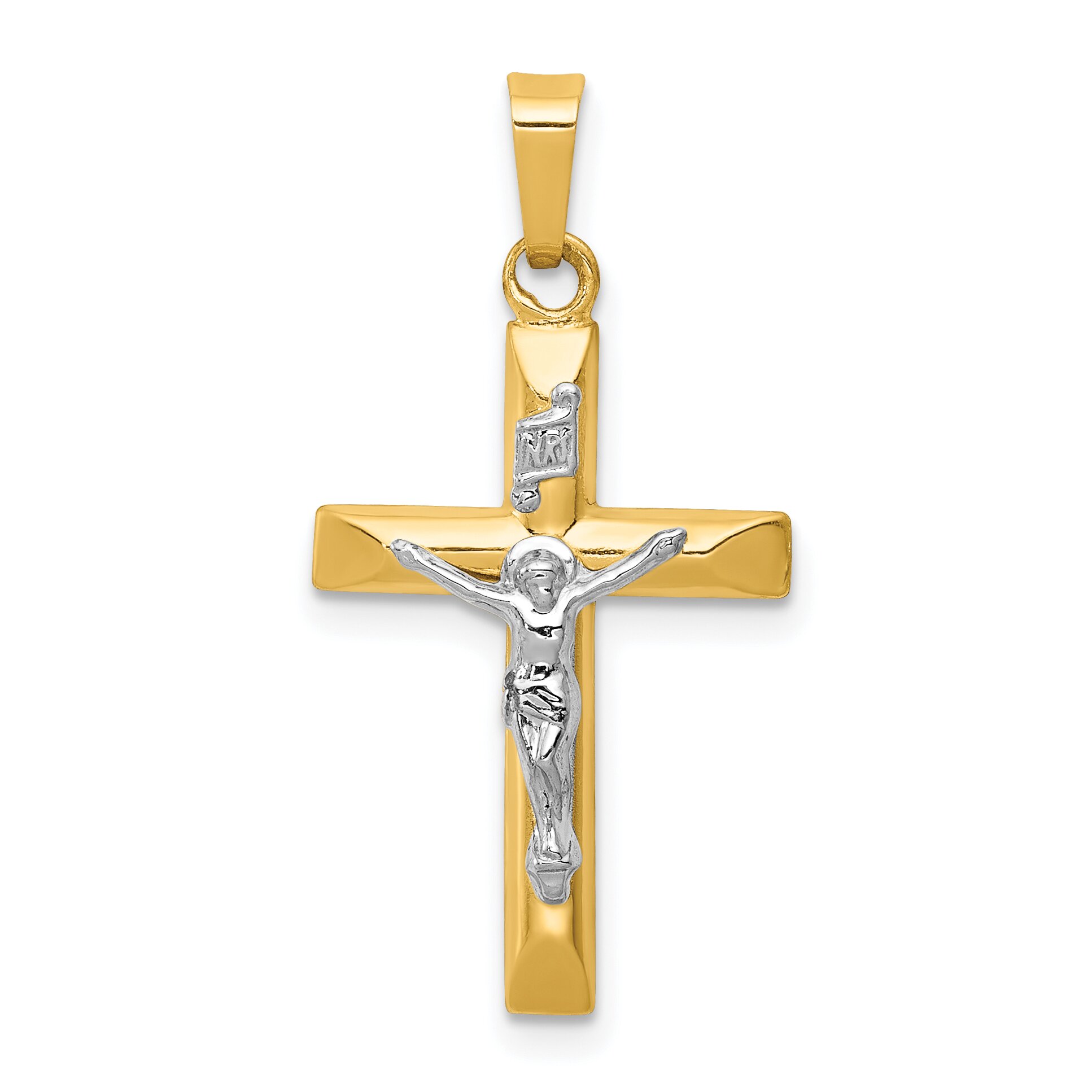 Findingking 14K Two Tone Gold INRI Hollow Crucifix Pendant
