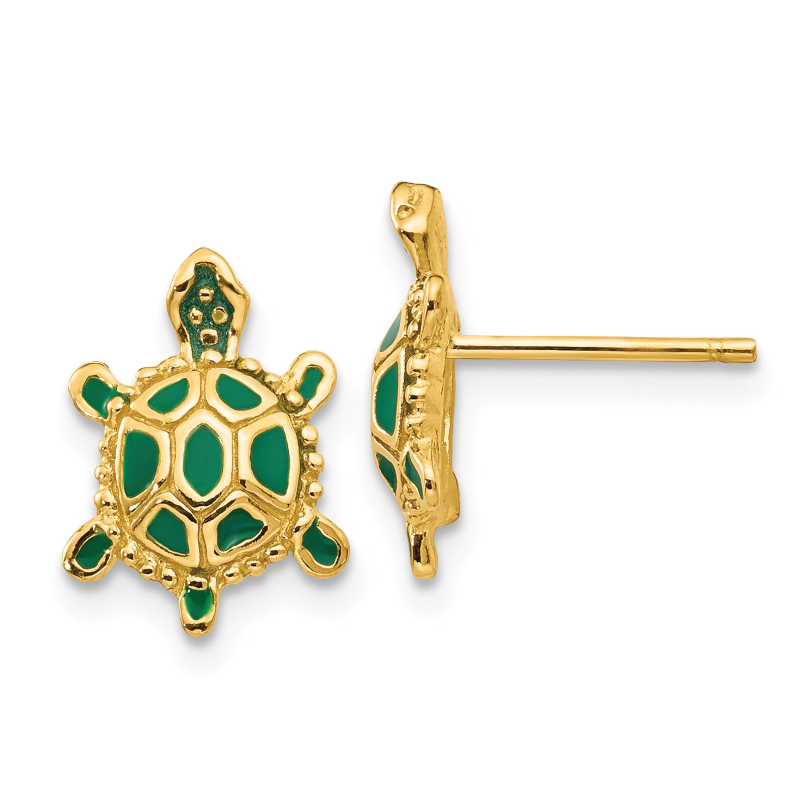 Findingking 14K Gold Green Enameled Turtle Stud Earrings Jewelry